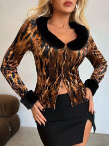 Aloruh Blusa de mujer para otoño e invierno, cálida, de terciopelo, con bloques de color, estampado de leopardo, patchwork y textura esponjosa - Multicolor - Ver 6
