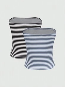 Chiquease 2pcs Casual Contrast Stripe Cropped Bustier Top