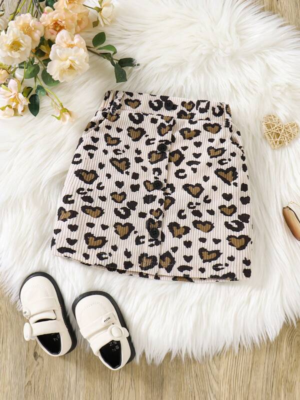 Young Girl Leopard Heart Corduroy A-Line Skirt - A Skirt Designed For And Unique Girls, Featuring Leopard Print, Heart Pattern, And Classic Corduroy Material. This Midi Skirt Combines Wild And Sweet Elements, Suitable For Daily Wear Or Special Occasions. It Has Great Versatility To Pair With Various Tops And Shoes, Including Simple T-Shirts, Blouses, Or Sweet Dresses.
