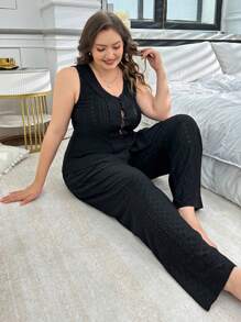 Plus Size Button Decor Jacquard Knit Top & Solid Color Straight Casual Pants Pajama Set - Black - View 6