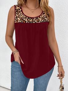 SHEIN LUNE Áo ba lỗ cổ tròn in họa tiết da báo cỡ lớn màu sắc rộng rãi thường ngày - Màu Đỏ Sâu - Xem 1