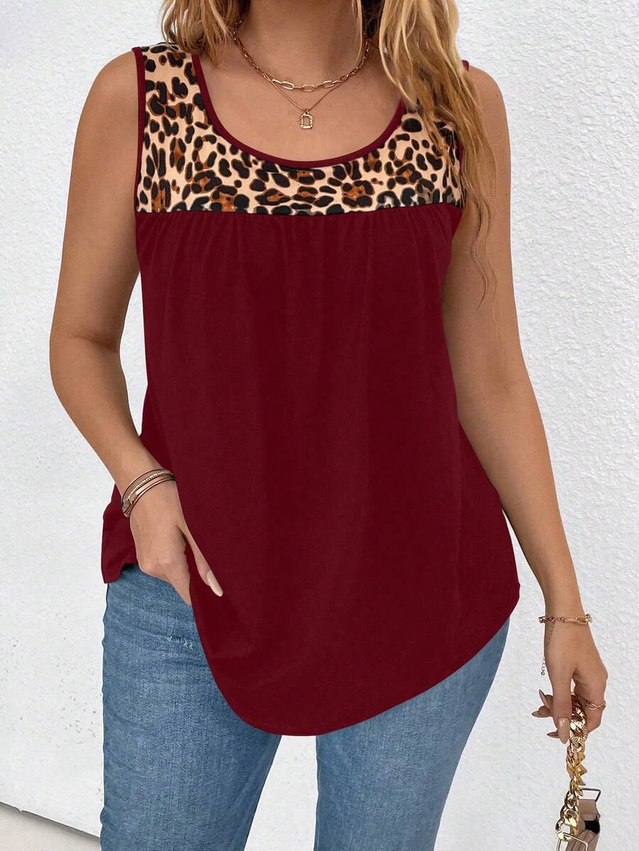 SHEIN LUNE Áo ba lỗ cổ tròn in họa tiết da báo cỡ lớn màu sắc rộng rãi thường ngày - Màu Đỏ Sâu - Xem 1