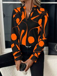 EMERY ROSE V-Neck Long Sleeve All-Over Print Casual Top Fall Cloth For Women - Black - View 3