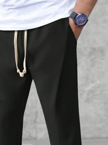 Manfinity Homme 男士休闲纯色抽绳腰锥形裤，秋季 - 黑色 - 查看 5