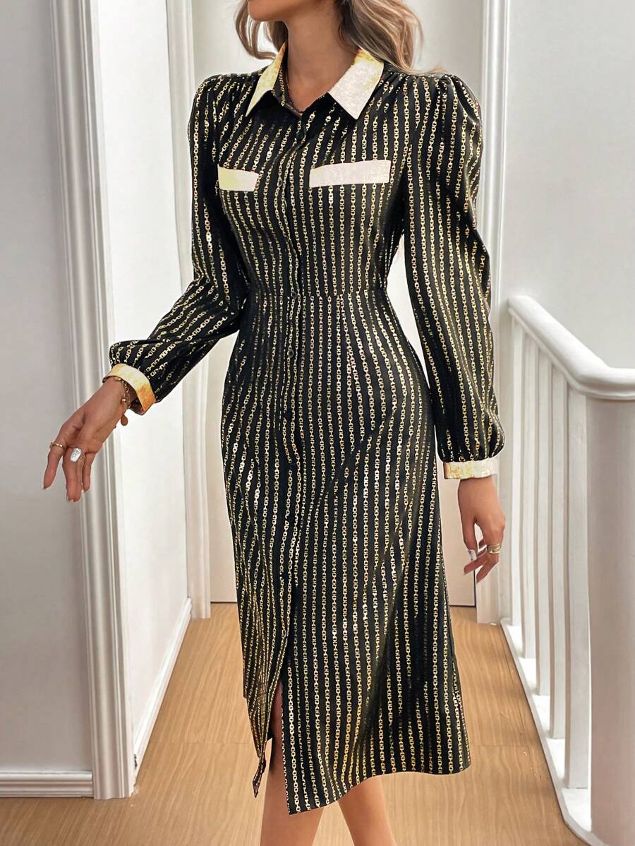 Chiquease Vestido de dama con cadena estampada en dorado y costura metálica - Negro - Ver 1