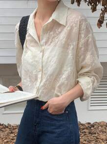 DAZY 女士商务休闲纹理宽松透明衬衫，校服长袖上衣