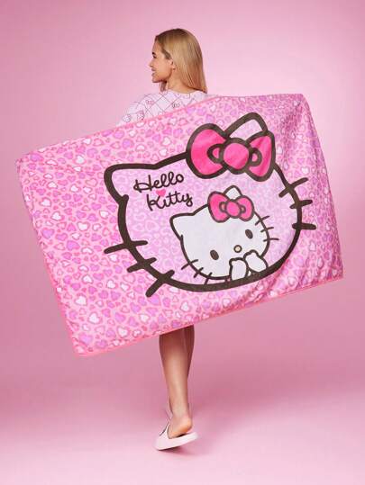 HELLO KITTY AND FRIENDS | SHEIN Pink Kitty Cartoon Cat Leopard Print Bed Blanket