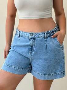 RueChic Plus Elastic Band And Back Pocket Detailed Short - Medium Wash - View 5