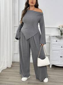 SHEIN Privé 大码女式休闲柔软舒适日常修身保暖分层单肩露肩下摆长袖灰色 T 恤和松紧腰灰色裤子 2 件套，春秋 - 灰色 - 查看 1