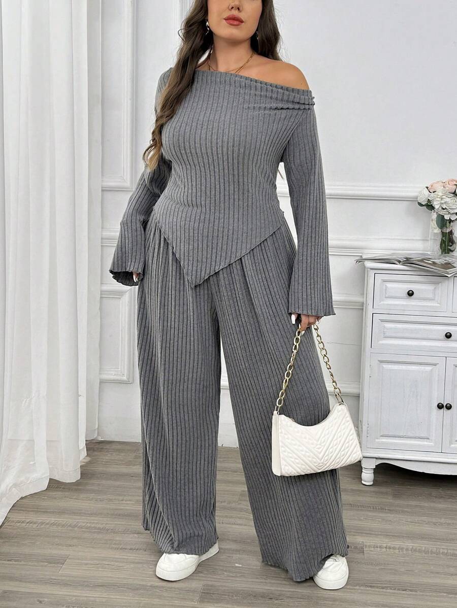 SHEIN Privé 大码女式休闲柔软舒适日常修身保暖分层单肩露肩下摆长袖灰色 T 恤和松紧腰灰色裤子 2 件套，春秋 - 灰色 - 查看 1