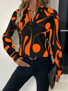 EMERY ROSE V-Neck Long Sleeve All-Over Print Casual Top Fall Cloth For Women - Black - View 5