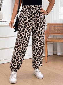 SHEIN LUNE Plus Size Fall Women Vintage Leopard Print Elastic Waistband Pants With Ruffled Cuffs For Casual, Holiday Halloween Clothes Leopard Pants Airport Women Outfits