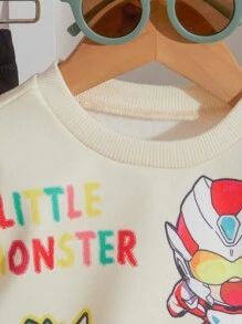 SHEIN 2pcs Baby Boy Casual Everyday Simple Cute Monster Print Sweatshirt And Pants Suit - Multicolor - View 4