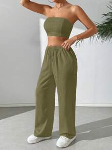 SHEIN EZwear Women's Summer Casual Solid Color Cropped Tube Top Trousers Suit