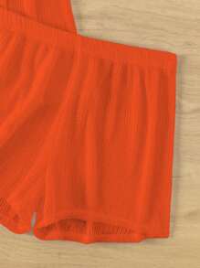 SHEIN Swim Summer Beach Women's Solid Color Simple Daily Hollow Out Cover Up 2pcs/Set - Burnt Orange - View 7