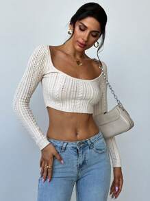 SHEIN Privé Off Shoulder Crop Ribbed Knit Sweater - Apricot - View 4