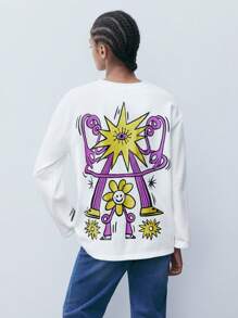Maija Women's Simple Floral Print Crew Neck Long Sleeve T-Shirt, Spring/Autumn - White - View 2