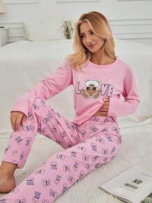 RueChic 100% Cotton 2Pcs  Bear Printed PJ Set - Pink - View 1
