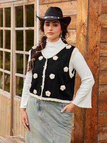 SHEIN MOD 大码 V 领黑色复古钩针 3D 花朵复古开衫毛衣背心