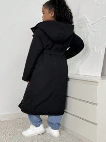 SHEIN Tween Mädchen Urban Casual Loose Fit Langer wattierter Mantel mit Kapuze und Gürtel