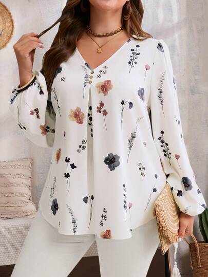 EMERY ROSE Plus Size Women's Fall Clothes Floral Print V-Neck Lantern Sleeve Loose Long Sleeve Blouse,Flower/Spring/Summer/Vacation