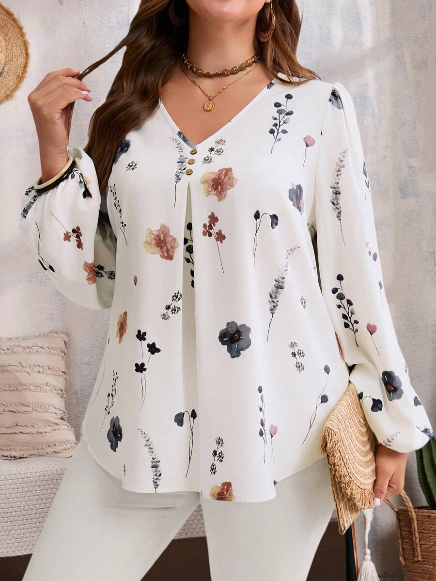 EMERY ROSE Plus Size Women's Fall Clothes Floral Print V-Neck Lantern Sleeve Loose Long Sleeve Blouse,Flower/Spring/Summer/Vacation - Multicolor - View 1
