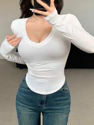 DAZY 여성용 캐주얼 솔리드 컬러 피팅 긴팔 티셔츠, 봄 & 가을