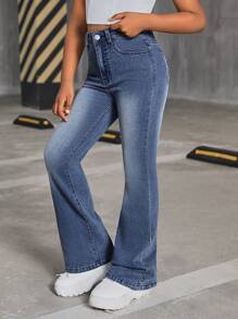 SHEIN Tween Girls Y2K Floral Embroidery Bootcut Flare Leg Jeans,Girls Summer Clothes Back To School Streetwear Outfits