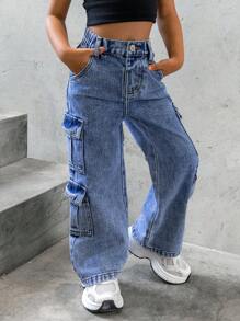 SHEIN 年轻女孩新款休闲时尚工装牛仔裤，喇叭直筒裤 - 中等水洗藍 - 查看 5