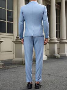 Manfinity Bizformal Men's Slim Fit Business Suit, Single Breasted Button Jacket With Pockets And Lapel, Trousers Included - Baby Blue - View 2
