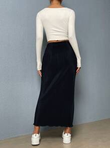 SHEIN Essnce Solid Color Lettuce Trim Casual Skirt - Navy Blue - View 2