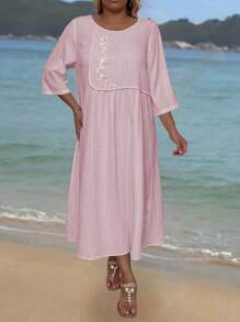 EMERY ROSE 大碼女性夏季優雅花卉印花時尚連衣裙 - 藕粉色 - 查看 3