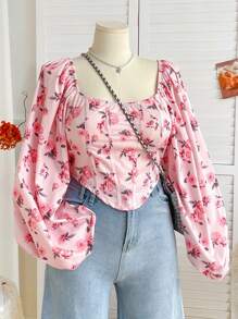 Soleia Blusa romántica con estilo de princesa, manga de farol, dobladillo asimétrico y estampado floral de pequeñas flores en color rosa para mujer de talla grande. Ropa de mujer para otoño, regreso a clases, conciertos, atuendos de despedida de soltera, agradecimiento