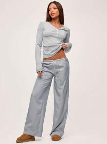 SHEIN BASICS Quần nữ dệt sọc ngang eo thấp thông thường - Nhiều màu - Xem 3