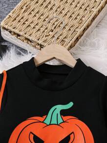 SHEIN Conjunto de 3 peças de bolsa crossbody de abóbora redonda para meninas, com estampa de abóbora de Halloween, gola simulada, manga comprida, leggings xadrez laranja, conjunto de 3 peças, adequado para outono, festa de Halloween, casual, passeios diários, festa, reunião de família, escola, presente de aniversário, piquenique, roupas de irmã combinando