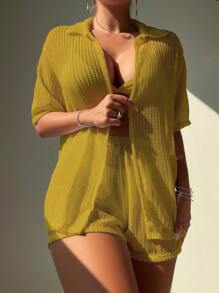 SHEIN Swim 2入組女士純色空心遮罩衣 - 芥末黃 - 查看 4