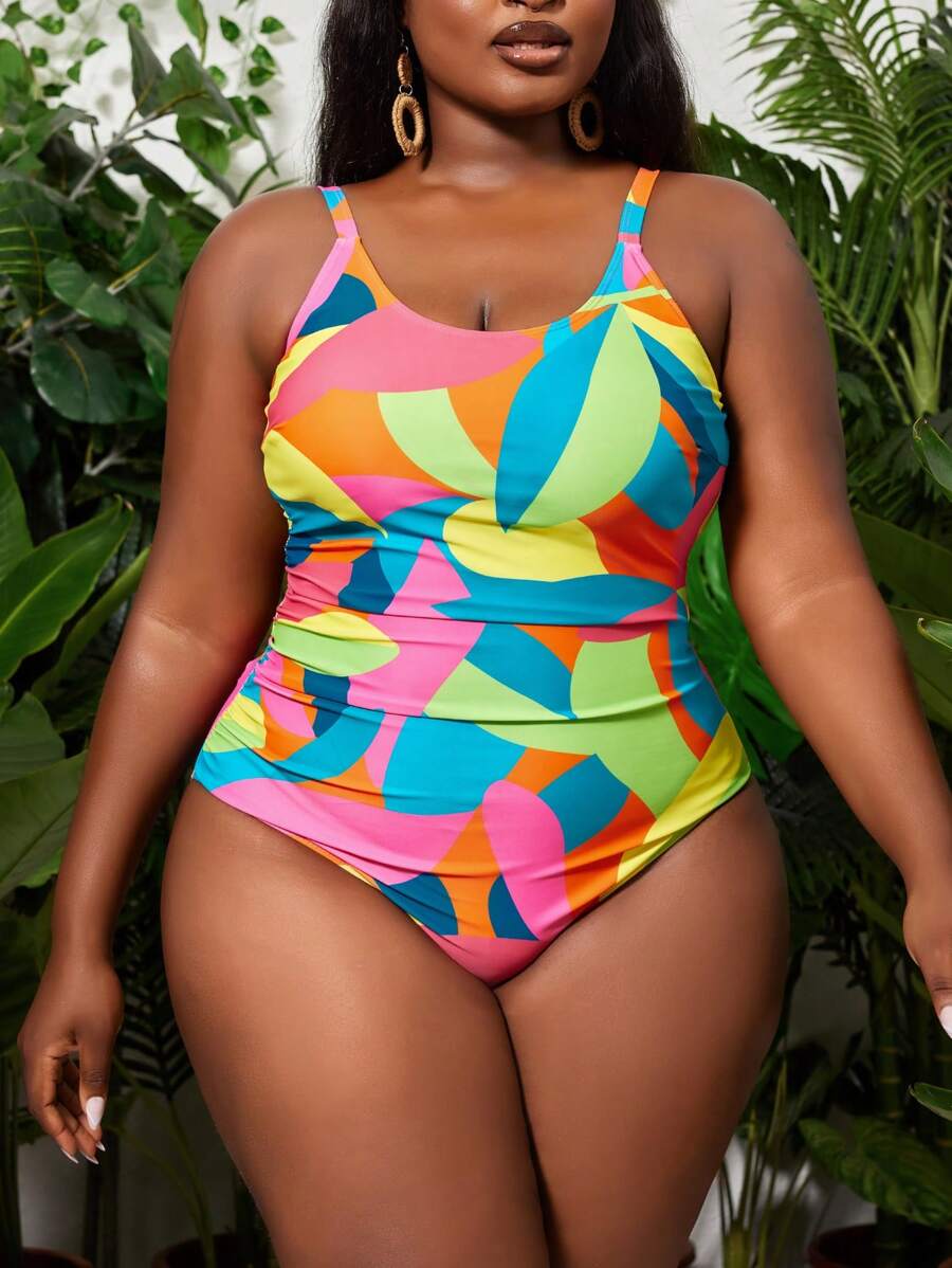 SHEIN Swim Curve 大码连体印花细肩带泳衣 夏季 - 彩色 - 查看 1