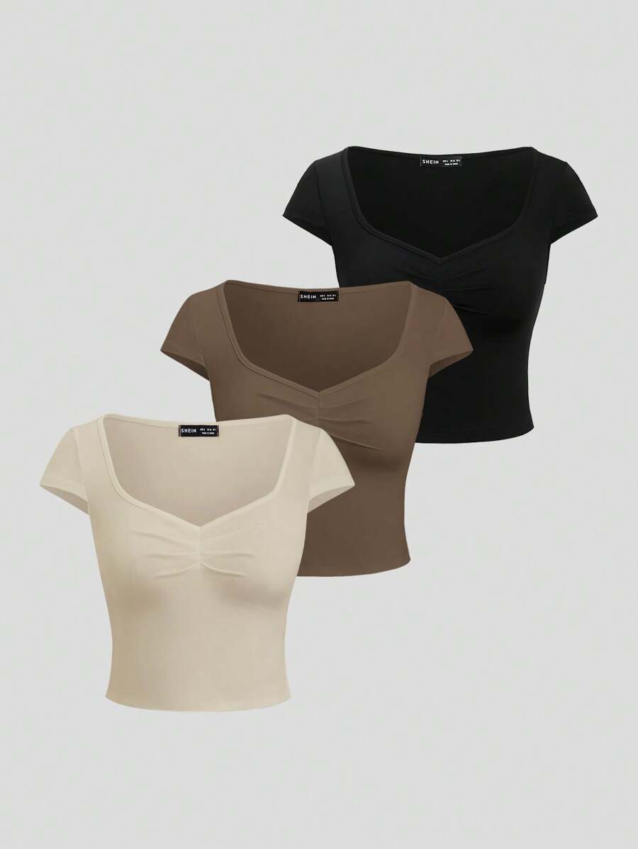 Sweetra 女式夏季纯色甜心领褶皱胸围盖袖休闲 T 恤，简约上衣 - 彩色 - 查看 1