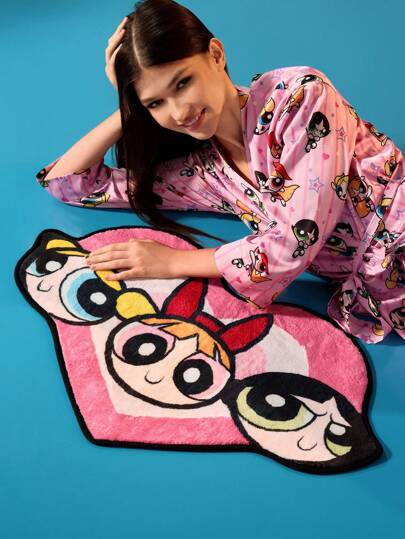 THE POWERPUFF GIRLS X SHEIN 1 件可爱心形卡通图案地毯，粉色地毯，情人节，Y2K
