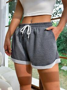 SHEIN Unity Casual Drawstring Waist Rolled Hem Shorts - Dark Grey - View 3