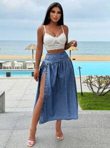 Breezaya Váy denim dài thường ngày dành cho nữ với thiết kế xếp nếp một bên ngực - Màu xanh lam - Xem 3