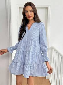 SHEIN LUNE Vestido de manga larga con dobladillo de volantes a rayas azules - Azul y blanco - Ver 4