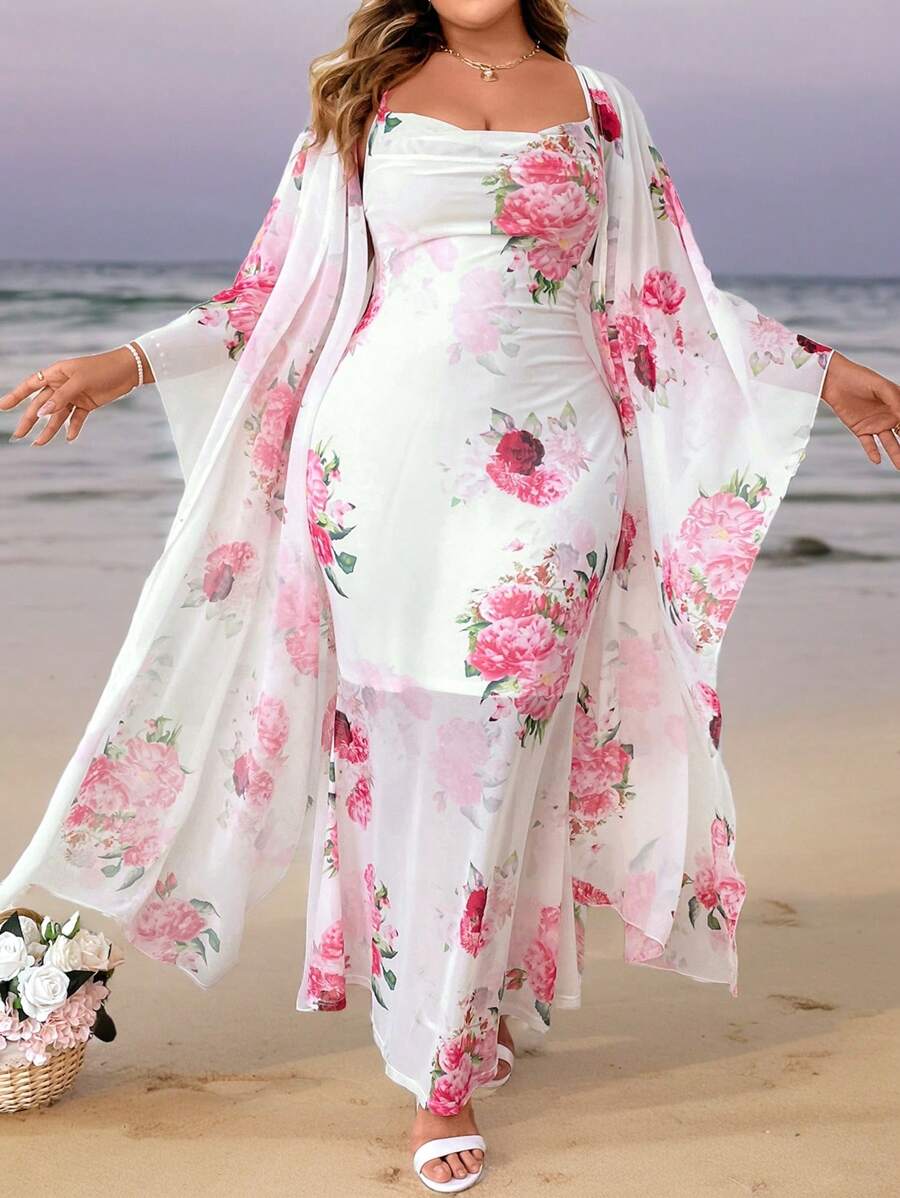 SHEIN Clasi Plus Size Flower Allover Print Spaghetti Strap Dress And Sheer Mesh Cover Up Two Pieces Set, For Summer - Multicolor - View 1