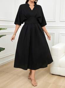 Mulvari Plus Size Women's Summer Solid Color Notched V-Neck Bat Short Sleeve Long Elegant Dress