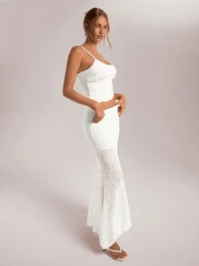 Aloruh Women's Spring Summer Holiday/Wedding Lace Asymmetric Hem Camisole Top And Low Waist Ruffle Hem Mermaid Skirt 2-Piece Set