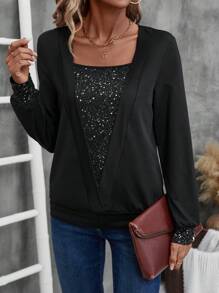 EMERY ROSE Women's Sparkly Printed Long Sleeve Crew Neck Sweatshirt, Spring And Autumn Fall Sweatshirts Fall Women Clothes - Black - View 3