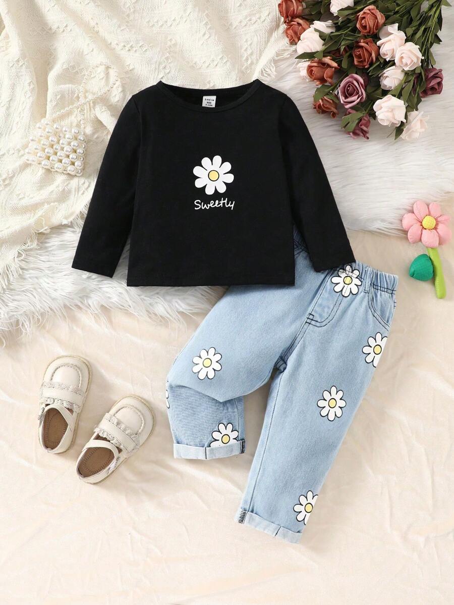 SHEIN Playful Pals Bộ áo dài tay in hoa thường ngày & quần denim cho bé gái mùa xuân/thu - màu đen - Xem 1