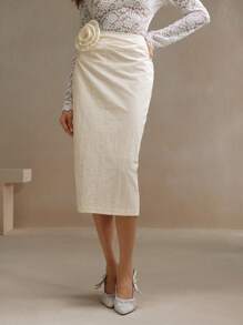 Anewsta 女士合身优雅大手工花朵装饰半身裙 - 白色 - 查看 6