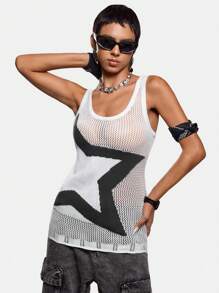 Umamao Estudio Artist Spring & Summer Casual Contrast Color Hollow-Out Star Pattern Knit Sweater Vest, For Holiday, Vacation, Festival, Ibiza Fits - Black and White - View 1