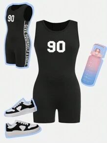 Tween Girls' Sleeveless Letter Graphic Breathable Fitted Romper Shorts - Black - View 1